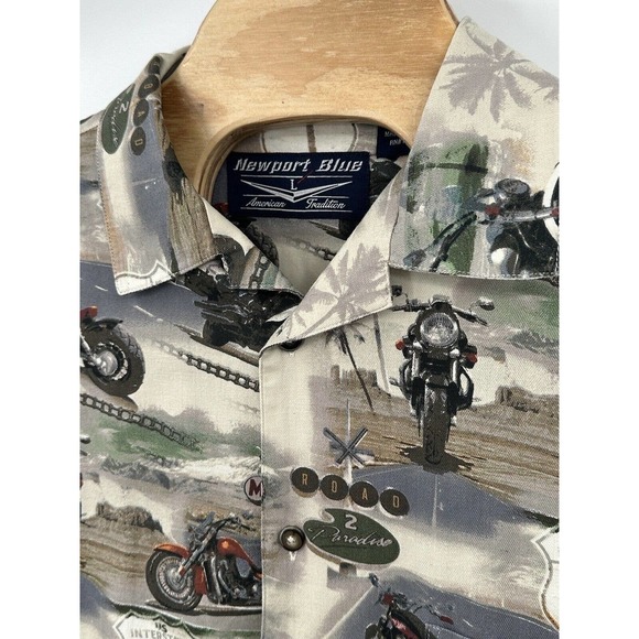 Newport Blue Men's LARGE Button Front Motorcycle Print‎ Shirt Road Trip CASUAL - Picture 2 of 7